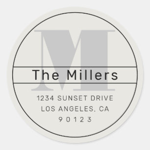 Cool Retro-Modern Address Black Grey Off-White Classic Round Sticker