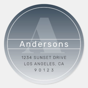 Cool Retro-Modern Address Blue Grey Ombre Classic Round Sticker