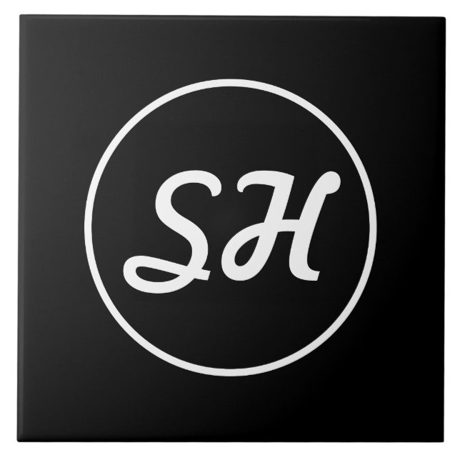 Cool Retro-Modern Style Monogram | Black & White Ceramic Tile (Front)