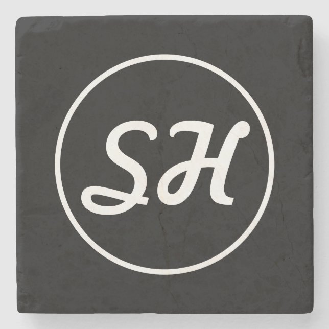 Cool Retro-Modern Style Monogram | Black & White Stone Coaster (Front)