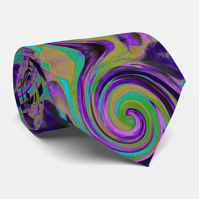 Cool Retro Purple and Chartreuse Liquid Art Swirl Tie (Rolled)