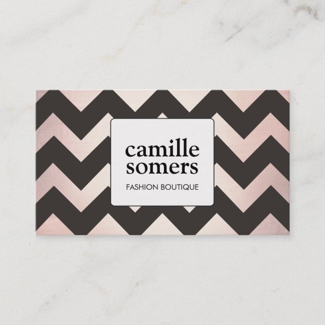 Cool Retro Rose Gold Foil Brown Chevron Pattern Business Card (Front)