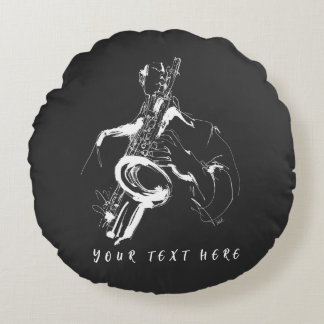 Cool Retro Saxophonist Custom Name (名入れ・カスタム対応) Round Cushion