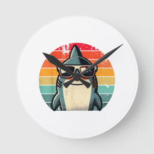 Cool Retro Shark in Sunglasses 70s 80s 90s Funny S Round Clock