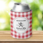 Cool Retro Summer BBQ Grill Utensils Red Check Can Cooler<br><div class="desc">The perfect can cooler for your summer bbq or cookout featuring a "logo style" design with crisscrossed grilling utensils and a flame set against a red gingham check background pattern. Personalise by adding your name, date and another line of custom text. Your guest will love this cool party favour. Check...</div>