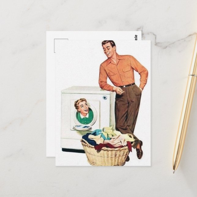 cool retro vintage laundry lady man postcard (Front/Back In Situ)