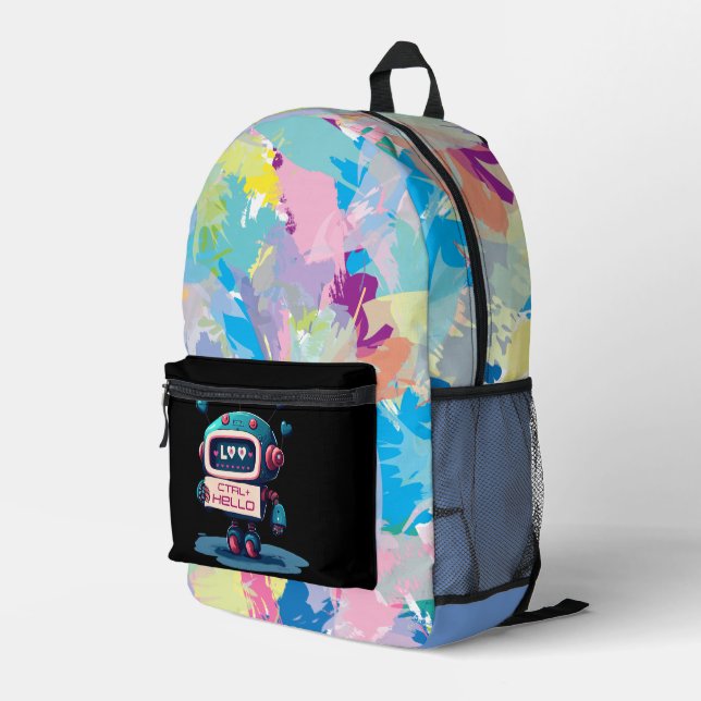 Cool Robot Hello+CTRL Tech Style Printed Backpack (Back Corner Right)