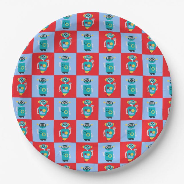 Cool Robot Pattern Boys Birthday Paper Plate (Front)