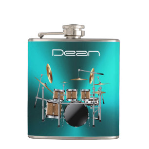 Cool Rock Drum Set On Metallic Blue Music Flask