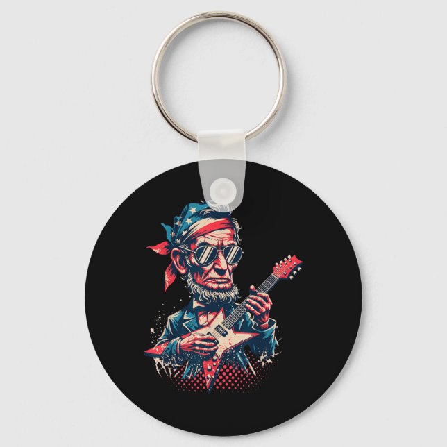 Cool Rock Roll Abraham Lincoln Playing Guitar Key Ring (Front)