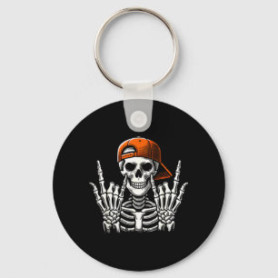 Cool Rock Skeleton Backwards Hat Halloween Spooky Key Ring