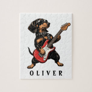 Cool Rocker Dachshund Dog Playing Electric Guitar Jigsaw Puzzle