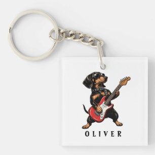 Cool Rocker Dachshund Dog Playing Electric Guitar Key Ring
