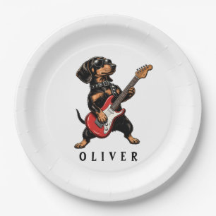 Cool Rocker Dachshund Dog Playing Electric Guitar Paper Plate
