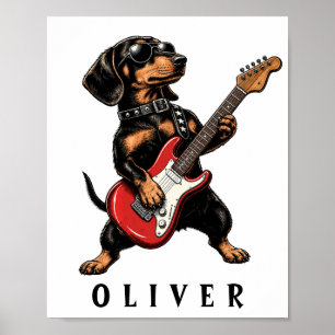 Cool Rocker Dachshund Dog Playing Electric Guitar Poster