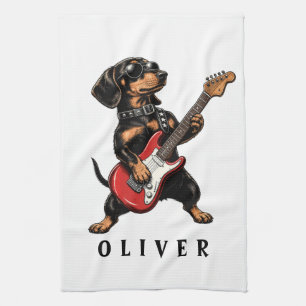 Cool Rocker Dachshund Dog Playing Electric Guitar Tea Towel