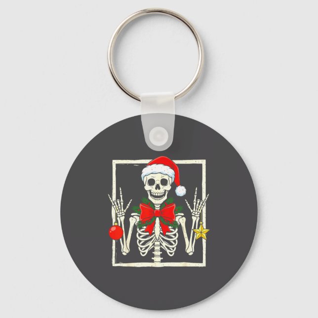 Cool Rocker Skeleton Santa Hat Christmas Punk Rock Key Ring (Front)