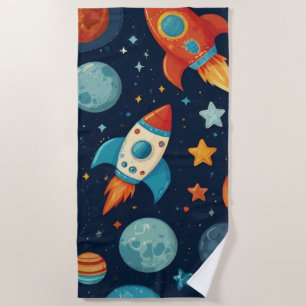 Cool Rocket Space and Planets Beach Towel