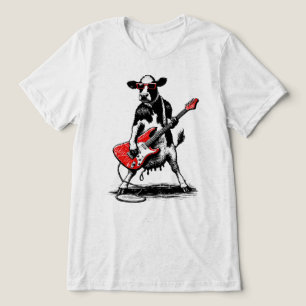 Cool Rockstar Cow Playing Red Electric Guitar Tri-Blend Shirt