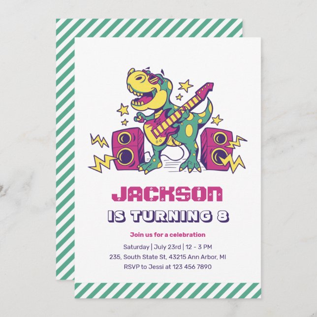 Cool Rockstar T-Rex Dinosaur Kids Birthday Invitation (Front/Back)