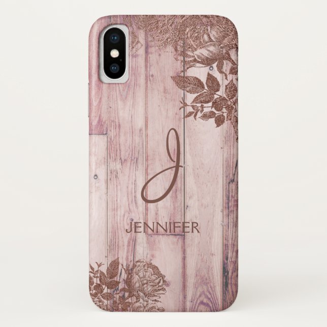 Cool Rose Gold Foil Rustic Floral Pattern Monogram Case-Mate iPhone Case (Back)