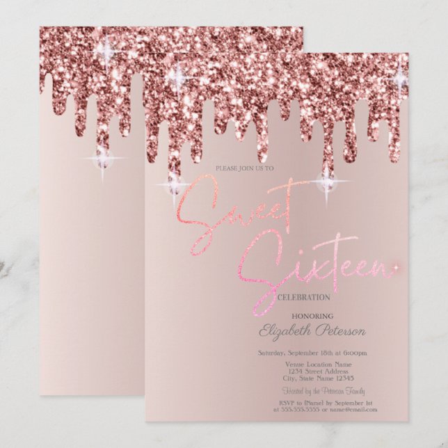 Cool Rose Gold Glitter Drips Blush Pink Sweet 16  Invitation (Front/Back)