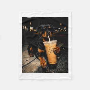 Cool Rottweiler Drinking Iced Coffee Funny Dog Art Fleece Blanket
