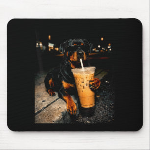 Cool rottweiler drinking iced coffee funny dog art mouse pad