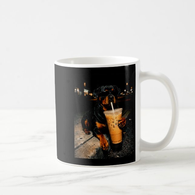 Cool rottweiler drinking iced coffee funny dog art mug (Right)