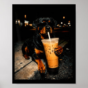 Cool rottweiler drinking iced coffee funny dog art poster