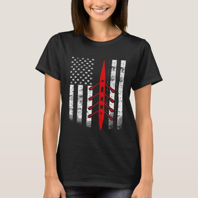 Cool Rowing Flag  Rowing Shell on American Flag T-Shirt (Front)