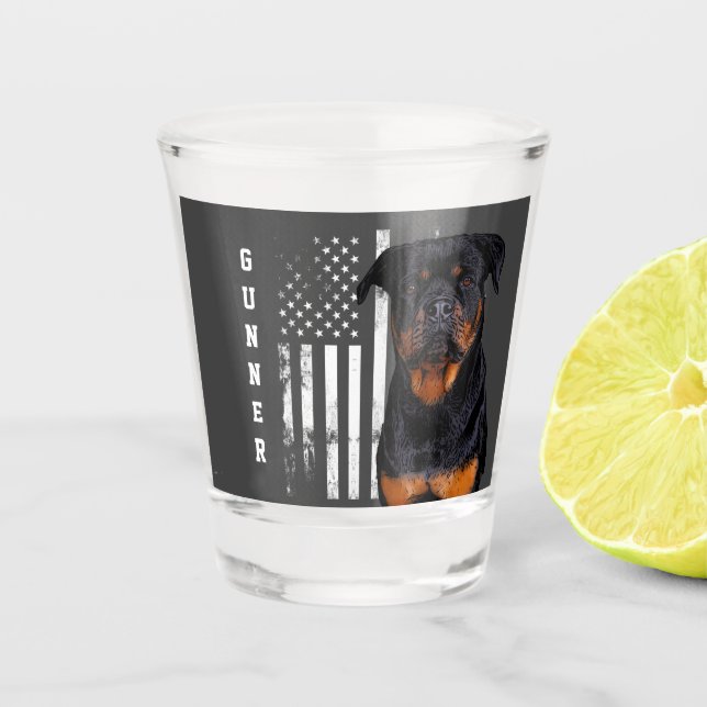 Cool Rugged Rottweiler Dog American Flag  Shot Glass (Front)