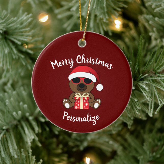 Cool Santa Bear Christmas gift Red Personalise Ceramic Ornament (Tree)