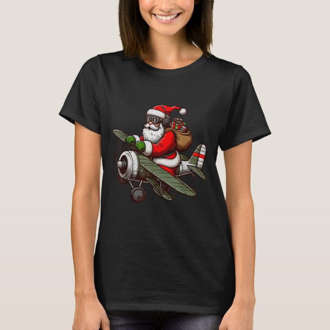 Cool Santa Claus Flying Airplane Pajama Christmas  T-Shirt (Front)