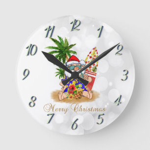 Cool Santa Claus,Palm Tree,Beach Bokeh   Round Clock
