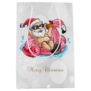 Cool Santa Claus,Pink Flamingos,Beach Bokeh Medium Gift Bag