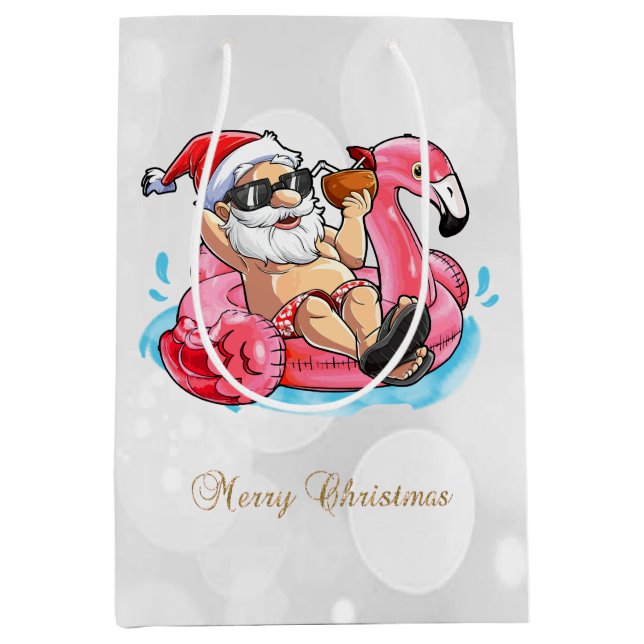 Cool Santa Claus,Pink Flamingos,Beach Bokeh    Medium Gift Bag (Front)