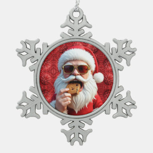 Cool Santa Claus Snowflake Pewter Christmas Ornament