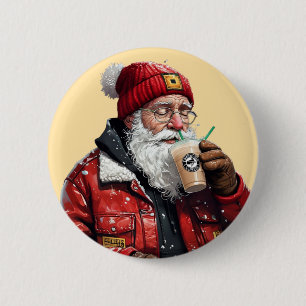 Cool Santa Drinking Iced Coffee Christmas Art 6 Cm Round Badge