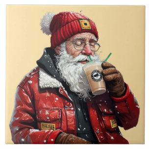Cool Santa Drinking Iced Coffee Christmas Art Ceramic Tile