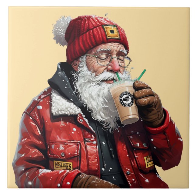Cool Santa Drinking Iced Coffee Christmas Art Ceramic Tile (Front)