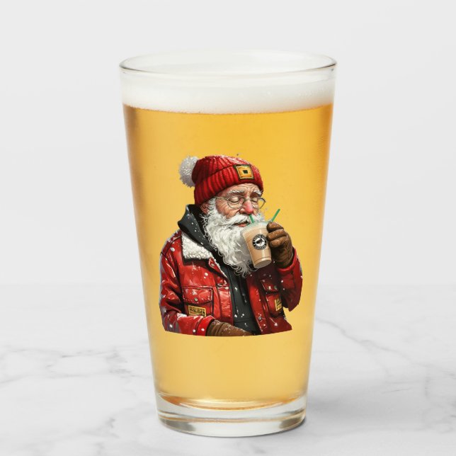 Cool Santa Drinking Iced Coffee Christmas Art Glass (Front Filled)