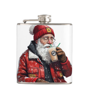 Cool Santa Drinking Iced Coffee Christmas Art Hip Flask
