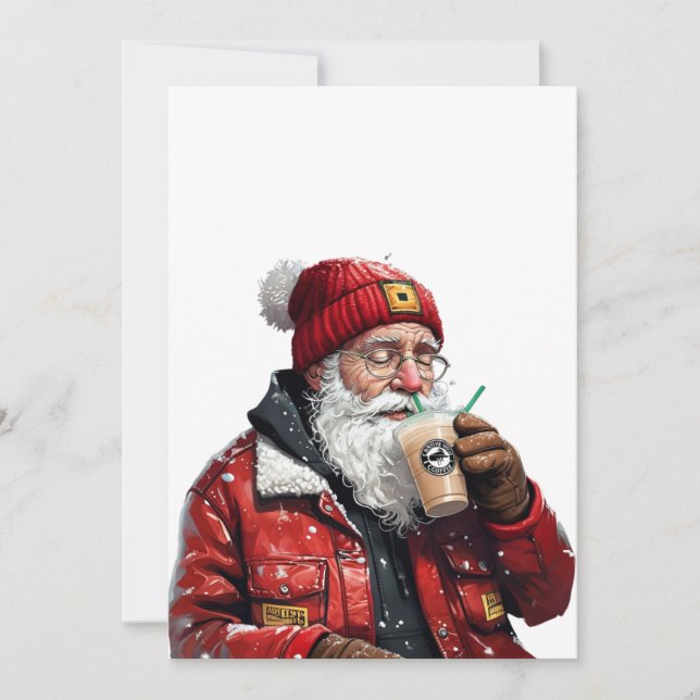Cool Santa Drinking Iced Coffee Christmas Art Holiday Card (Front)