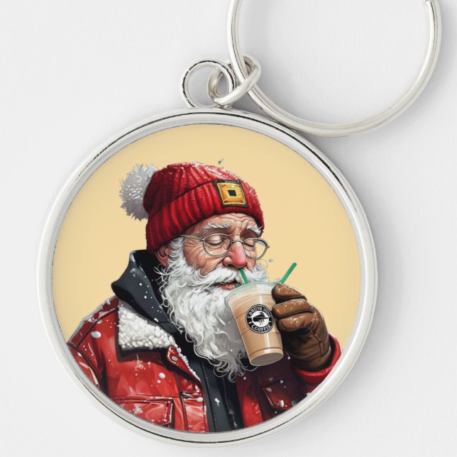 Cool Santa Drinking Iced Coffee Christmas Art Key Ring (Front)
