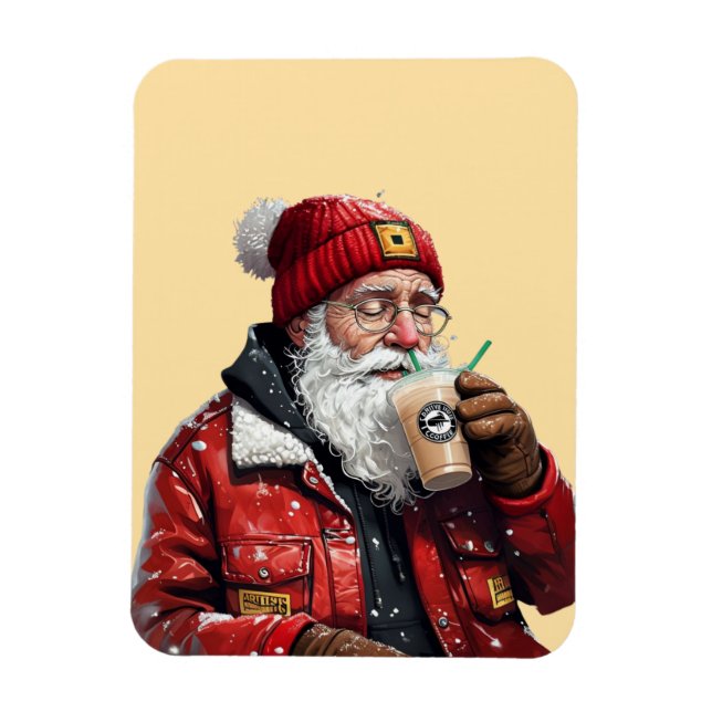 Cool Santa Drinking Iced Coffee Christmas Art Magnet (Vertical)