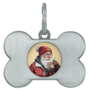 Cool Santa Drinking Iced Coffee Christmas Art Pet ID Tag
