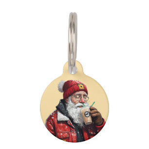 Cool Santa Drinking Iced Coffee Christmas Art Pet Tag