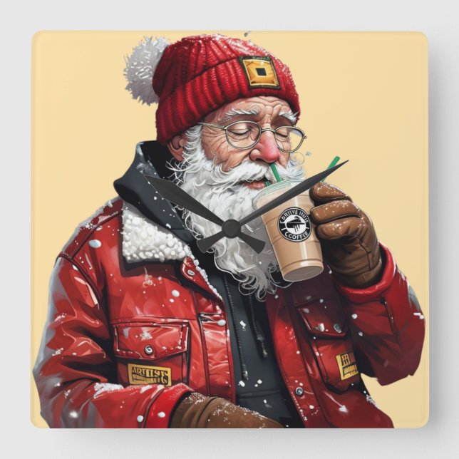 Cool Santa Drinking Iced Coffee Christmas Art Square Wall Clock (Front)