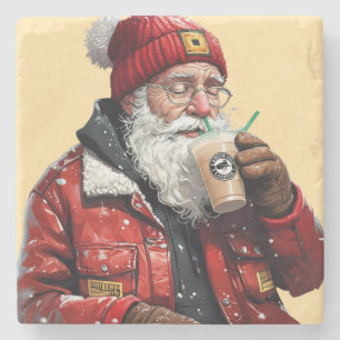 Cool Santa Drinking Iced Coffee Christmas Art Stone Coaster